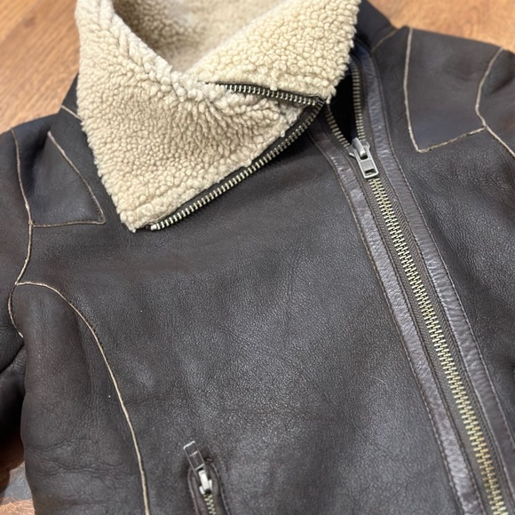 All Saint Sheering Shield Leather sheepskin suede women Jacket size 8 - Picture 3 of 15